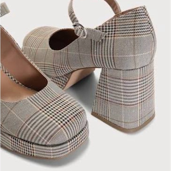 Steve Madden Mary Jane Pump Neutral Plaid Fabric Upper Chunky Heel Size 8 M - Picture 7 of 14
